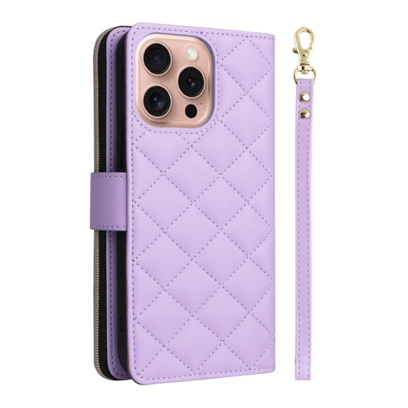 For iPhone 16 Pro Crossbody Rhombic Zipper Tower Buckle Leather Phone Case with Lanyard(Purple)