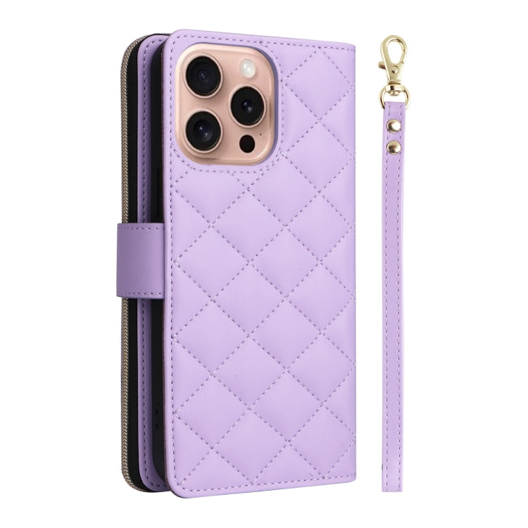 For iPhone 16 Pro Crossbody Rhombic Zipper Tower Buckle Leather Phone Case with Lanyard(Purple)