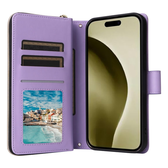 For iPhone 16 Pro Crossbody Rhombic Zipper Tower Buckle Leather Phone Case with Lanyard(Purple)