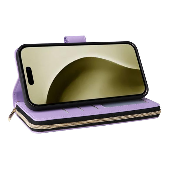 For iPhone 16 Pro Crossbody Rhombic Zipper Tower Buckle Leather Phone Case with Lanyard(Purple)