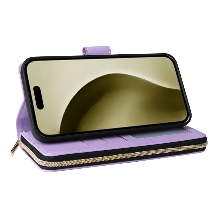 For iPhone 16 Pro Crossbody Rhombic Zipper Tower Buckle Leather Phone Case with Lanyard(Purple)