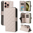 For iPhone 16 Pro Crossbody Rhombic Zipper Tower Buckle Leather Phone Case with Lanyard(Beige) - iPhone 16 Pro Cases by PMC TechLife | Online Shopping South Africa | PMC TechLife | Buy Now Pay Later Mobicred