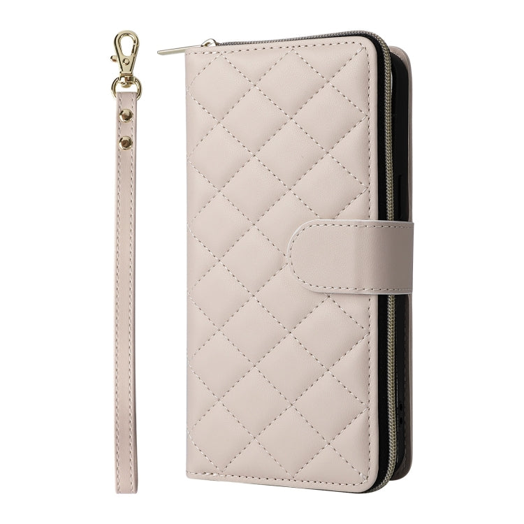 For iPhone 16 Pro Crossbody Rhombic Zipper Tower Buckle Leather Phone Case with Lanyard(Beige)