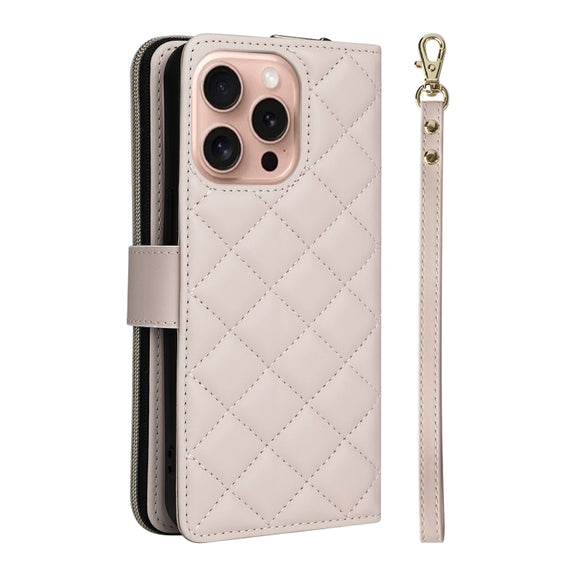 For iPhone 16 Pro Crossbody Rhombic Zipper Tower Buckle Leather Phone Case with Lanyard(Beige)