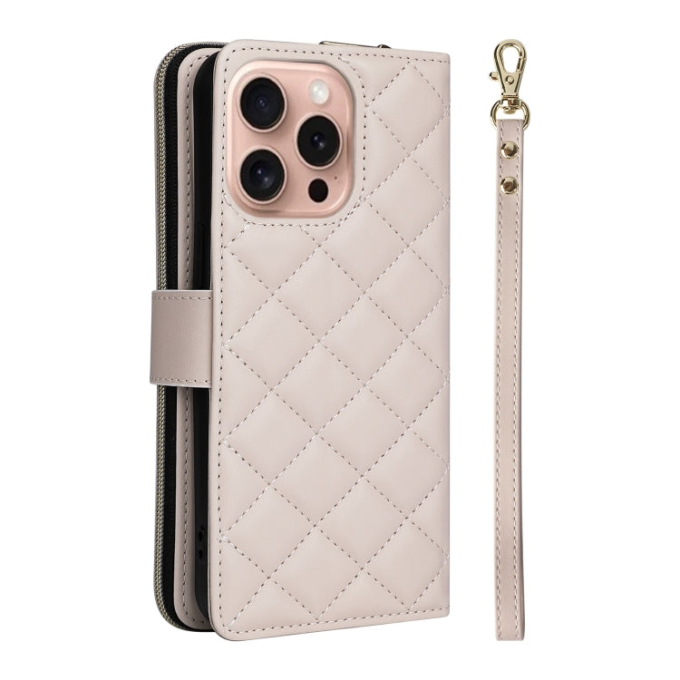 For iPhone 16 Pro Crossbody Rhombic Zipper Tower Buckle Leather Phone Case with Lanyard(Beige)