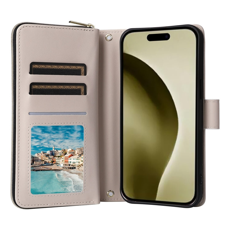 For iPhone 16 Pro Crossbody Rhombic Zipper Tower Buckle Leather Phone Case with Lanyard(Beige)