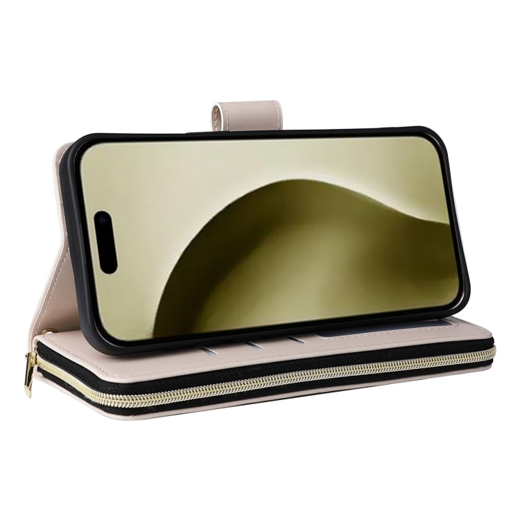 For iPhone 16 Pro Crossbody Rhombic Zipper Tower Buckle Leather Phone Case with Lanyard(Beige)