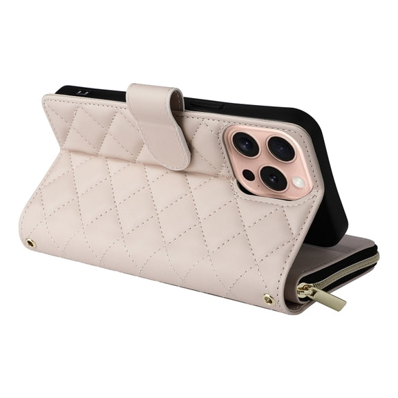 For iPhone 16 Pro Crossbody Rhombic Zipper Tower Buckle Leather Phone Case with Lanyard(Beige)