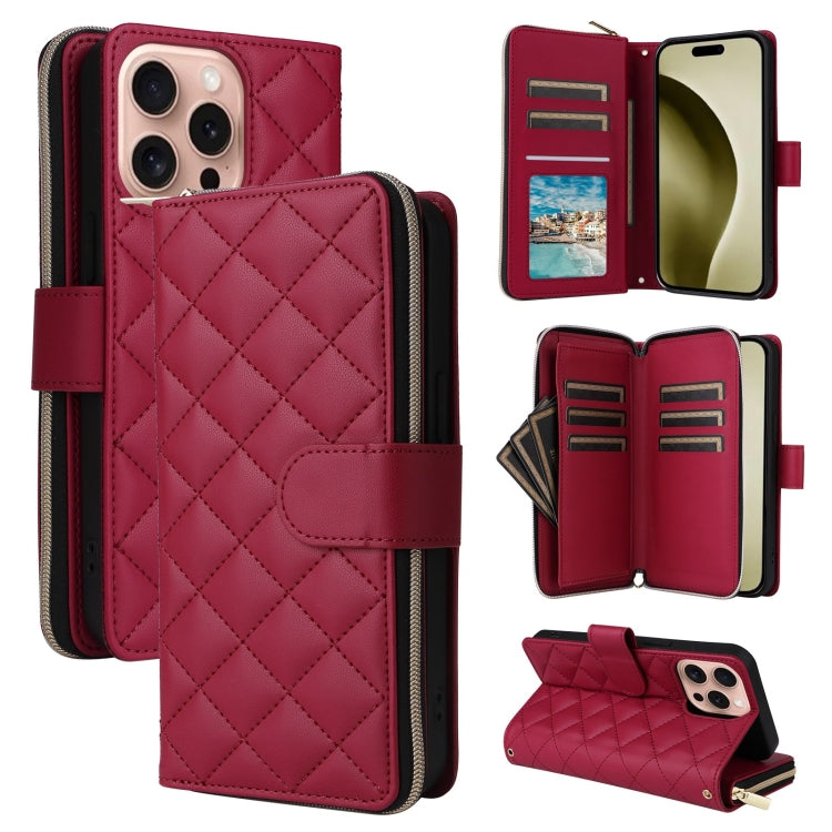 For iPhone 16 Pro Crossbody Rhombic Zipper Tower Buckle Leather Phone Case with Lanyard(Wine Red) - iPhone 16 Pro Cases by PMC TechLife | Online Shopping South Africa | PMC TechLife | Buy Now Pay Later Mobicred