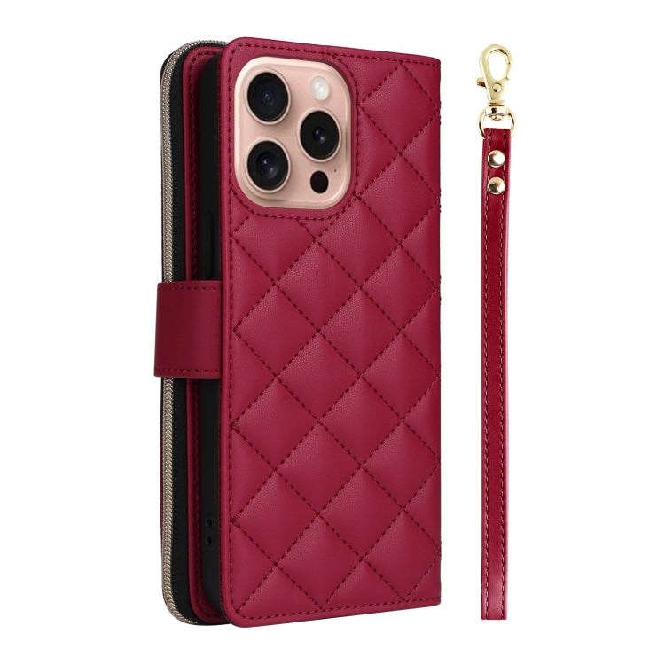 For iPhone 16 Pro Crossbody Rhombic Zipper Tower Buckle Leather Phone Case with Lanyard(Wine Red)