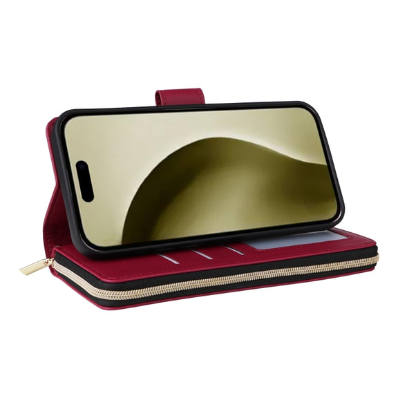 For iPhone 16 Pro Crossbody Rhombic Zipper Tower Buckle Leather Phone Case with Lanyard(Wine Red)