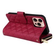 For iPhone 16 Pro Crossbody Rhombic Zipper Tower Buckle Leather Phone Case with Lanyard(Wine Red)