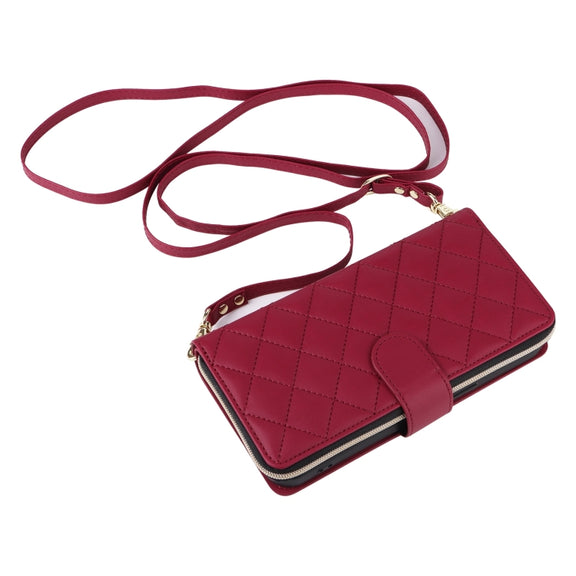 For iPhone 16 Pro Crossbody Rhombic Zipper Tower Buckle Leather Phone Case with Lanyard(Wine Red)