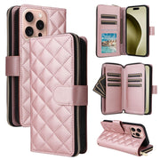 For iPhone 16 Pro Crossbody Rhombic Zipper Tower Buckle Leather Phone Case with Lanyard(Rose Gold)