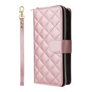 For iPhone 16 Pro Crossbody Rhombic Zipper Tower Buckle Leather Phone Case with Lanyard(Rose Gold)