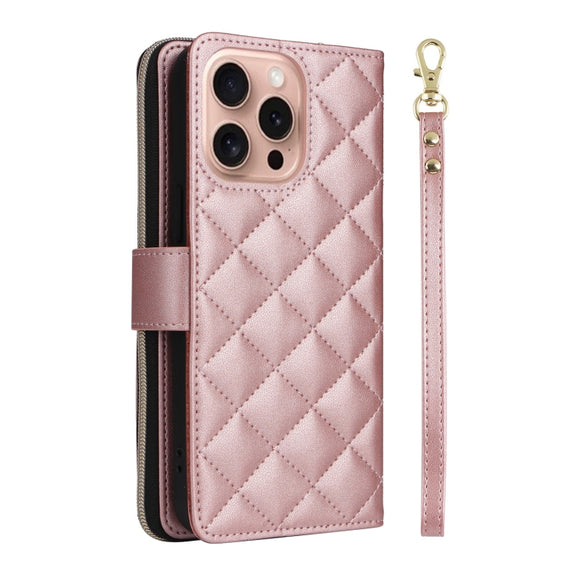 For iPhone 16 Pro Crossbody Rhombic Zipper Tower Buckle Leather Phone Case with Lanyard(Rose Gold)