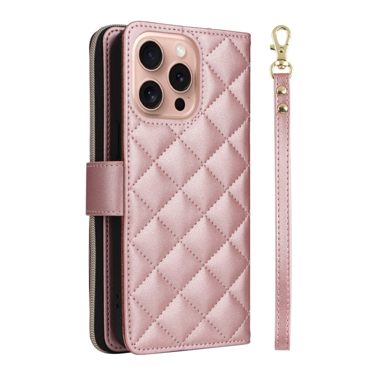 For iPhone 16 Pro Crossbody Rhombic Zipper Tower Buckle Leather Phone Case with Lanyard(Rose Gold)