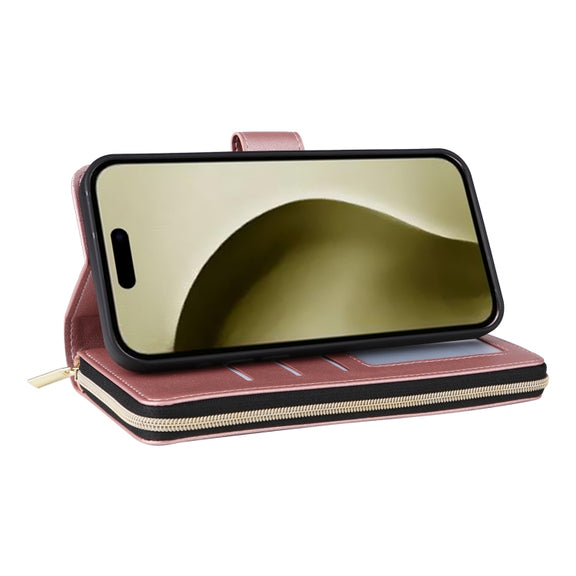 For iPhone 16 Pro Crossbody Rhombic Zipper Tower Buckle Leather Phone Case with Lanyard(Rose Gold)