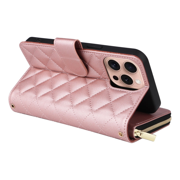 For iPhone 16 Pro Crossbody Rhombic Zipper Tower Buckle Leather Phone Case with Lanyard(Rose Gold)