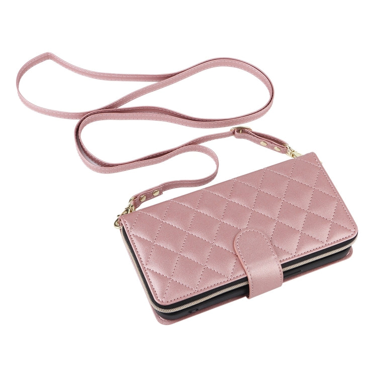 For iPhone 16 Pro Crossbody Rhombic Zipper Tower Buckle Leather Phone Case with Lanyard(Rose Gold)