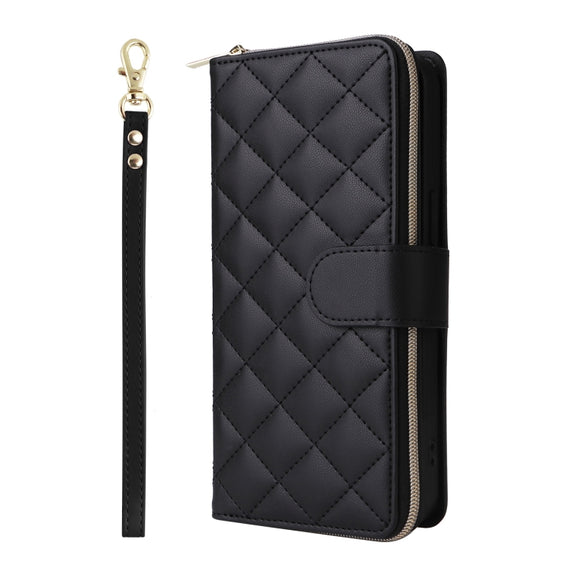 For iPhone 16 Pro Crossbody Rhombic Zipper Tower Buckle Leather Phone Case with Lanyard(Black)