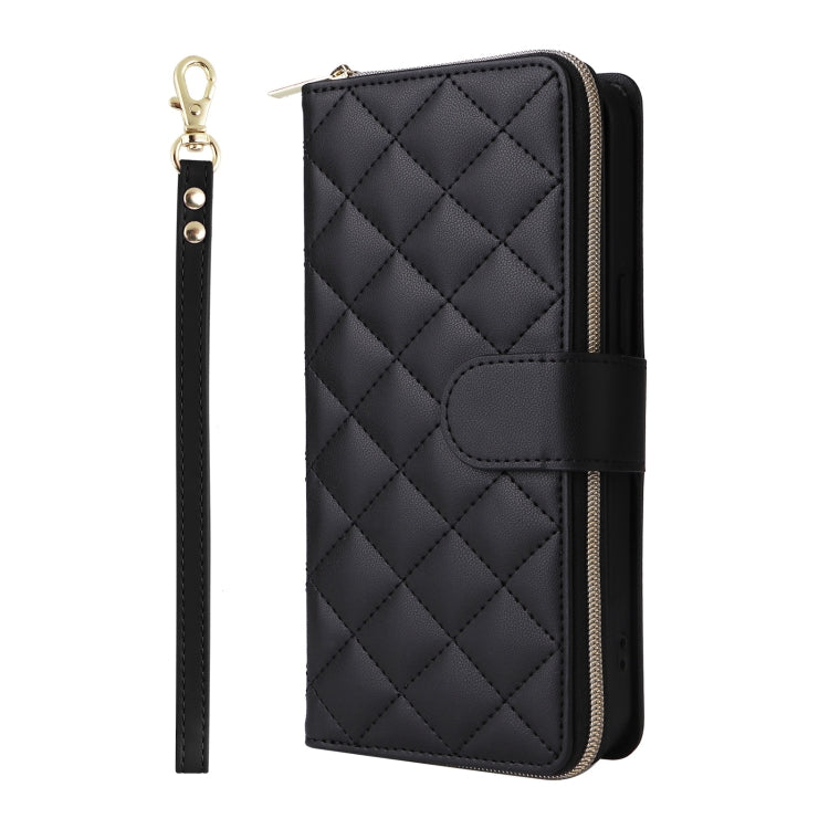 For iPhone 16 Pro Crossbody Rhombic Zipper Tower Buckle Leather Phone Case with Lanyard(Black)