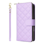 For iPhone 16 Plus Crossbody Rhombic Zipper Tower Buckle Leather Phone Case with Lanyard(Purple)