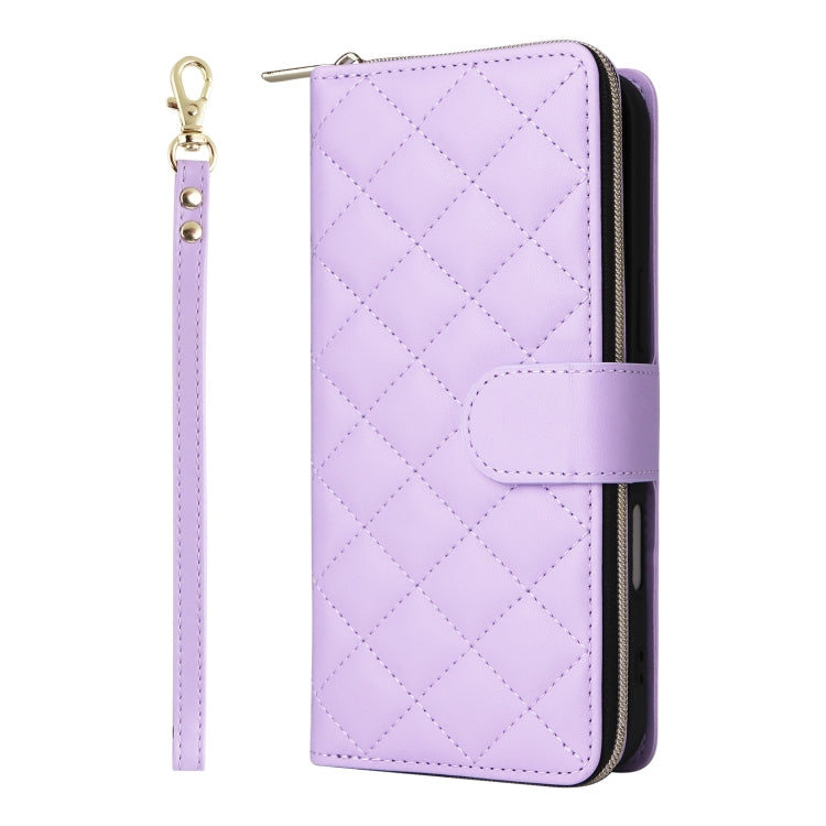 For iPhone 16 Plus Crossbody Rhombic Zipper Tower Buckle Leather Phone Case with Lanyard(Purple)