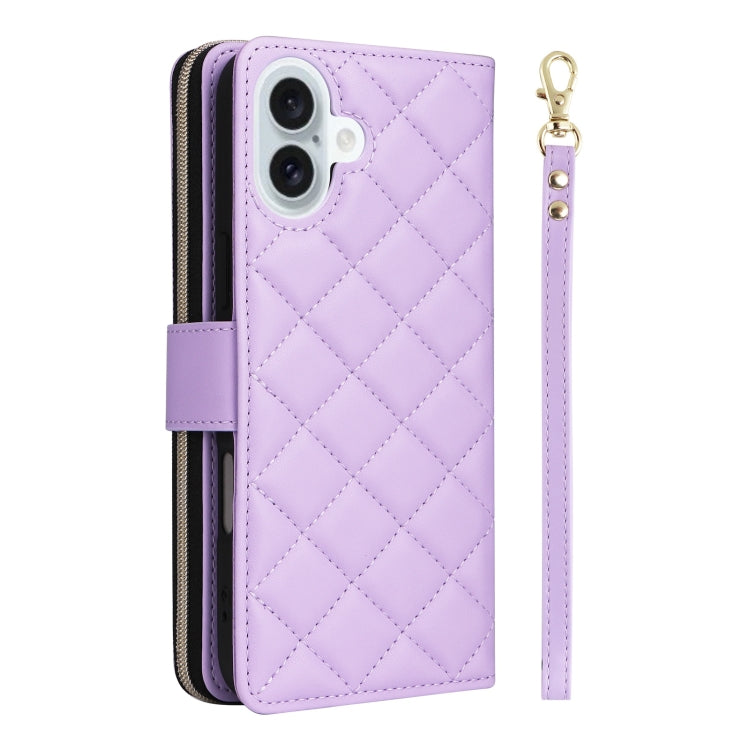 For iPhone 16 Plus Crossbody Rhombic Zipper Tower Buckle Leather Phone Case with Lanyard(Purple)