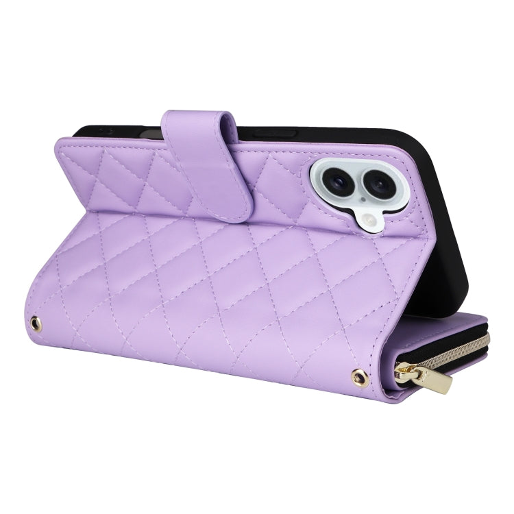 For iPhone 16 Plus Crossbody Rhombic Zipper Tower Buckle Leather Phone Case with Lanyard(Purple)