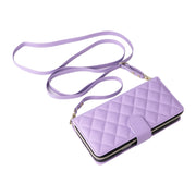 For iPhone 16 Plus Crossbody Rhombic Zipper Tower Buckle Leather Phone Case with Lanyard(Purple)