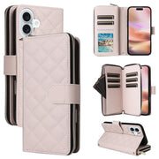For iPhone 16 Plus Crossbody Rhombic Zipper Tower Buckle Leather Phone Case with Lanyard(Beige)