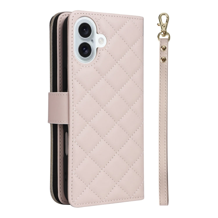 For iPhone 16 Plus Crossbody Rhombic Zipper Tower Buckle Leather Phone Case with Lanyard(Beige)