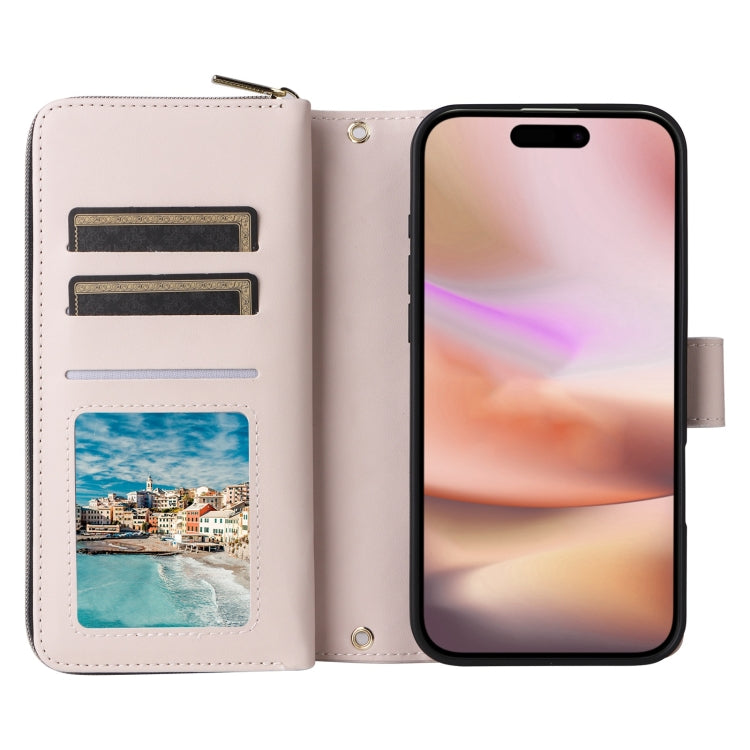 For iPhone 16 Plus Crossbody Rhombic Zipper Tower Buckle Leather Phone Case with Lanyard(Beige)