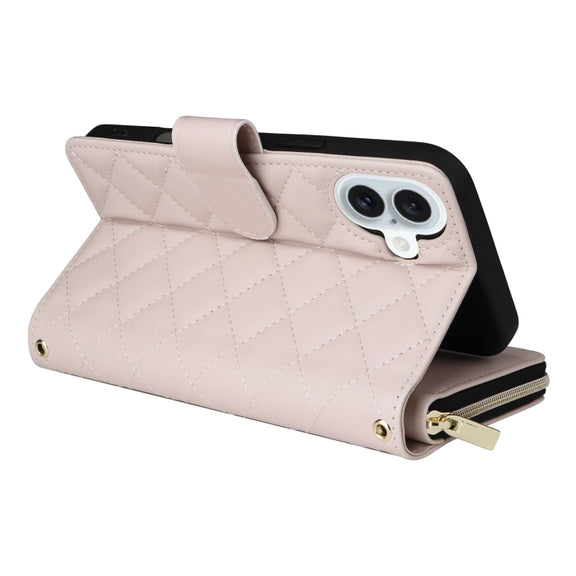 For iPhone 16 Plus Crossbody Rhombic Zipper Tower Buckle Leather Phone Case with Lanyard(Beige)