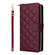 For iPhone 16 Plus Crossbody Rhombic Zipper Tower Buckle Leather Phone Case with Lanyard(Wine Red)