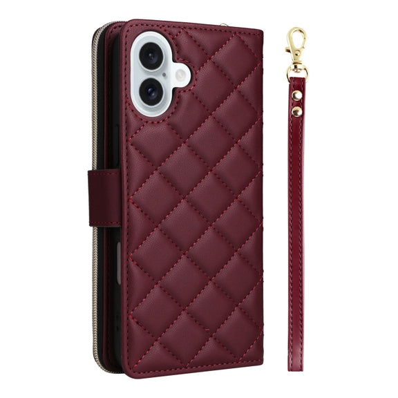 For iPhone 16 Plus Crossbody Rhombic Zipper Tower Buckle Leather Phone Case with Lanyard(Wine Red)