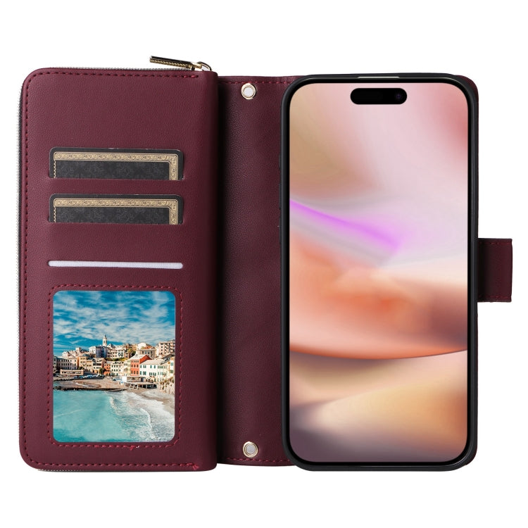 For iPhone 16 Plus Crossbody Rhombic Zipper Tower Buckle Leather Phone Case with Lanyard(Wine Red)