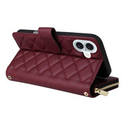 For iPhone 16 Plus Crossbody Rhombic Zipper Tower Buckle Leather Phone Case with Lanyard(Wine Red)