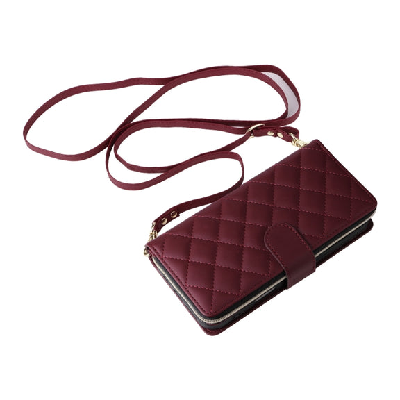 For iPhone 16 Plus Crossbody Rhombic Zipper Tower Buckle Leather Phone Case with Lanyard(Wine Red)