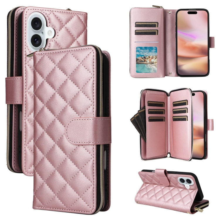 For iPhone 16 Plus Crossbody Rhombic Zipper Tower Buckle Leather Phone Case with Lanyard(Rose Gold) - free shipping - PMC TechLife - Order now!