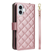 For iPhone 16 Plus Crossbody Rhombic Zipper Tower Buckle Leather Phone Case with Lanyard(Rose Gold)