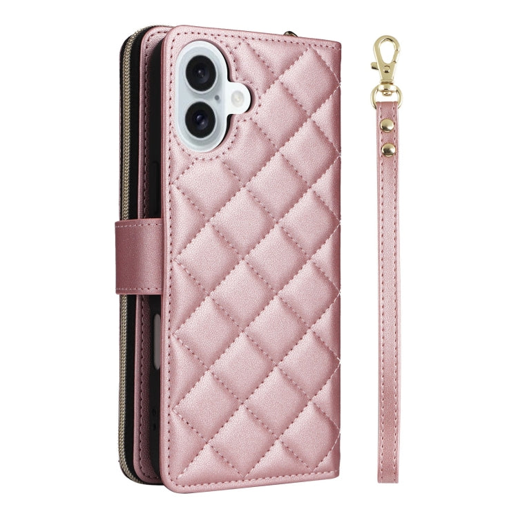 For iPhone 16 Plus Crossbody Rhombic Zipper Tower Buckle Leather Phone Case with Lanyard(Rose Gold)