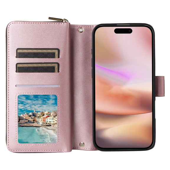 For iPhone 16 Plus Crossbody Rhombic Zipper Tower Buckle Leather Phone Case with Lanyard(Rose Gold)