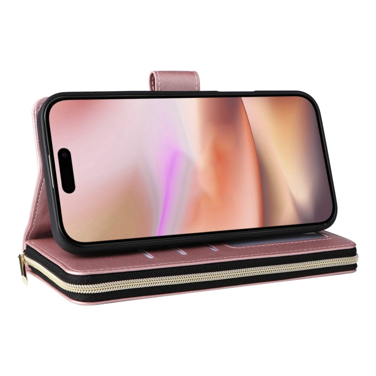 For iPhone 16 Plus Crossbody Rhombic Zipper Tower Buckle Leather Phone Case with Lanyard(Rose Gold)
