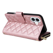 For iPhone 16 Plus Crossbody Rhombic Zipper Tower Buckle Leather Phone Case with Lanyard(Rose Gold)