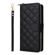 For iPhone 16 Plus Crossbody Rhombic Zipper Tower Buckle Leather Phone Case with Lanyard(Black)