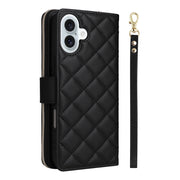 For iPhone 16 Plus Crossbody Rhombic Zipper Tower Buckle Leather Phone Case with Lanyard(Black)