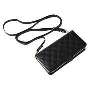 For iPhone 16 Plus Crossbody Rhombic Zipper Tower Buckle Leather Phone Case with Lanyard(Black)