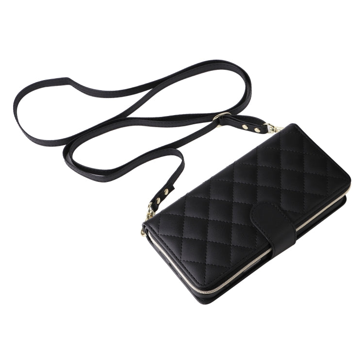 For iPhone 16 Plus Crossbody Rhombic Zipper Tower Buckle Leather Phone Case with Lanyard(Black)